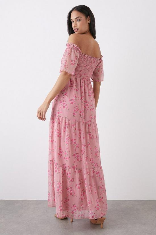Dorothy Perkins Pink Floral Print Shirred Tiered Chiffon Bardot Maxi Dress 3