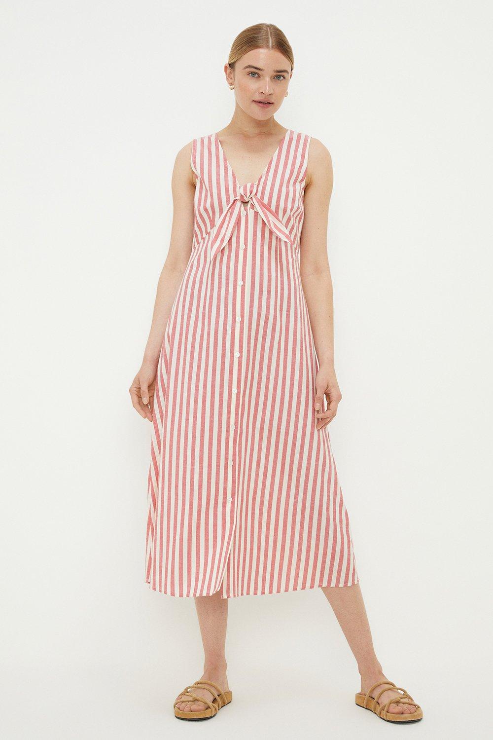 Women’s Pink Stripe Button Front Tie Midi Dress - 16