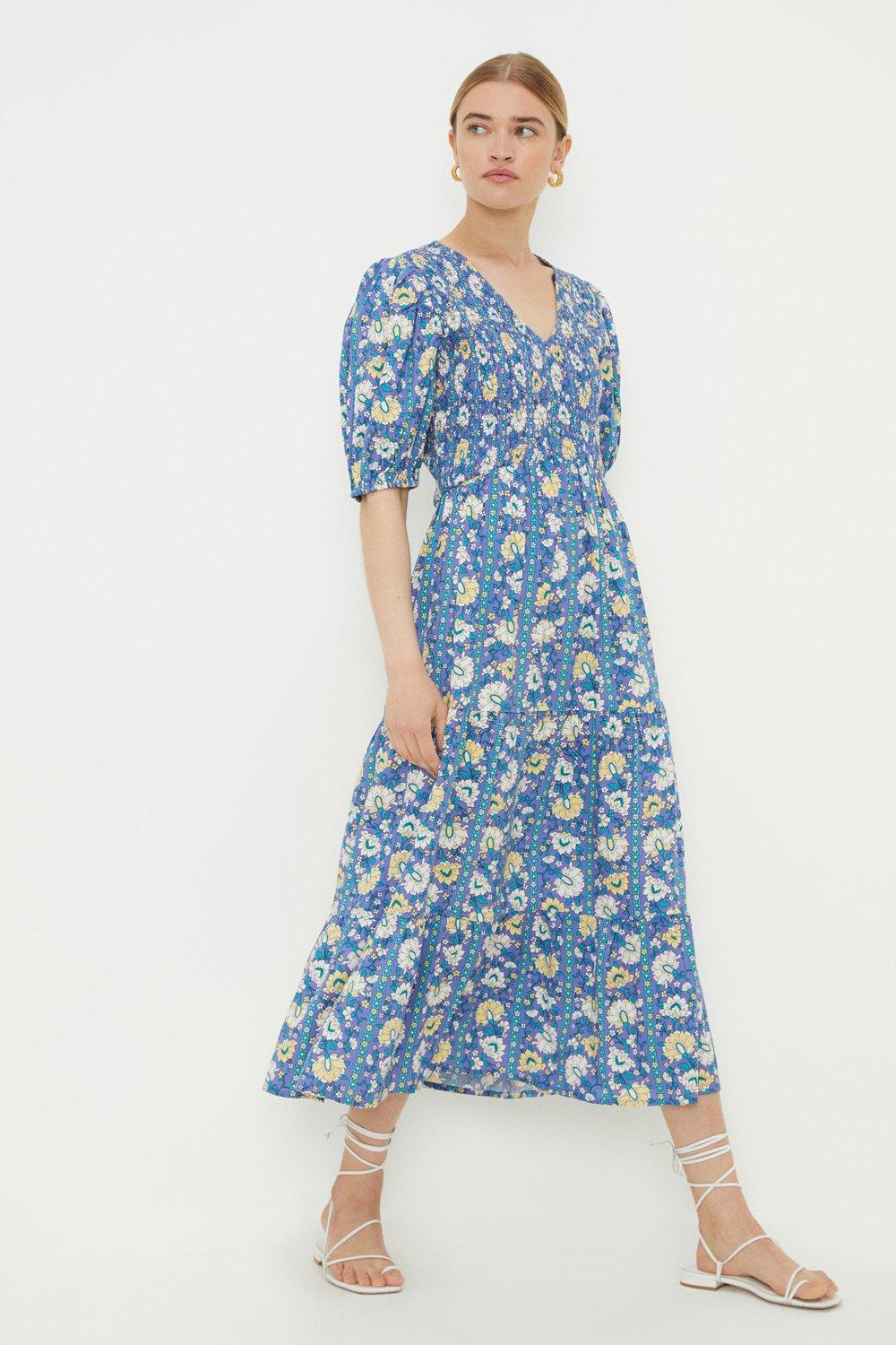 Womens Blue Printed Shirred Bodice Tiered Midi Dress