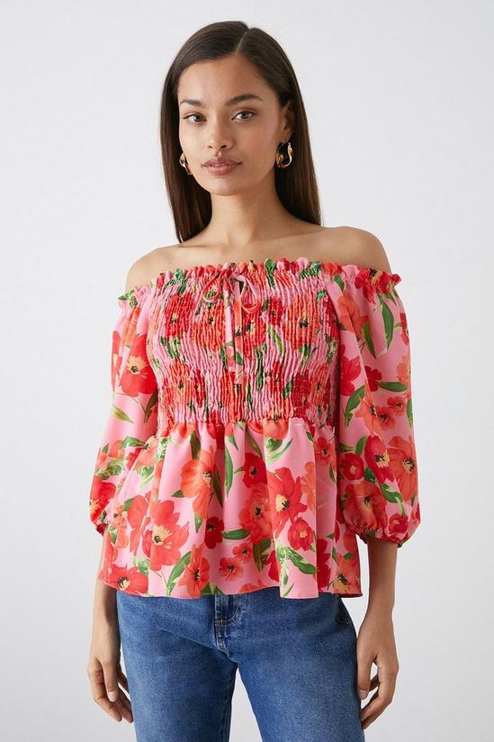 Dorothy Perkins Petite Pink Floral Shirred Blouse 1