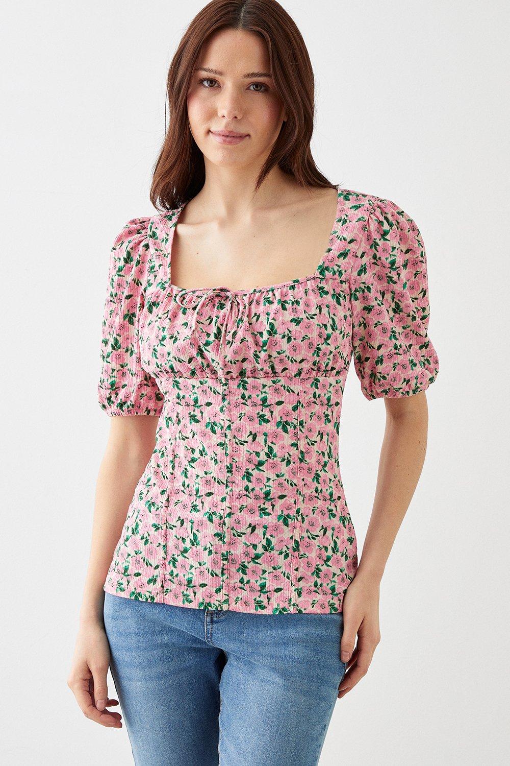 Womens Floral Puff Sleeve Square Neck Top
