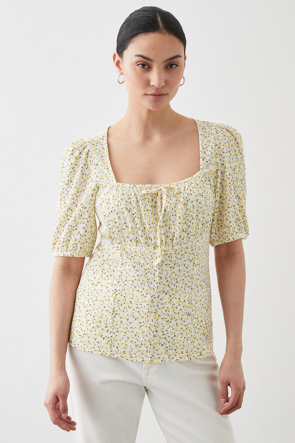 Women’s Petite Puff Sleeve Square Neck Printed Top - yellow - S