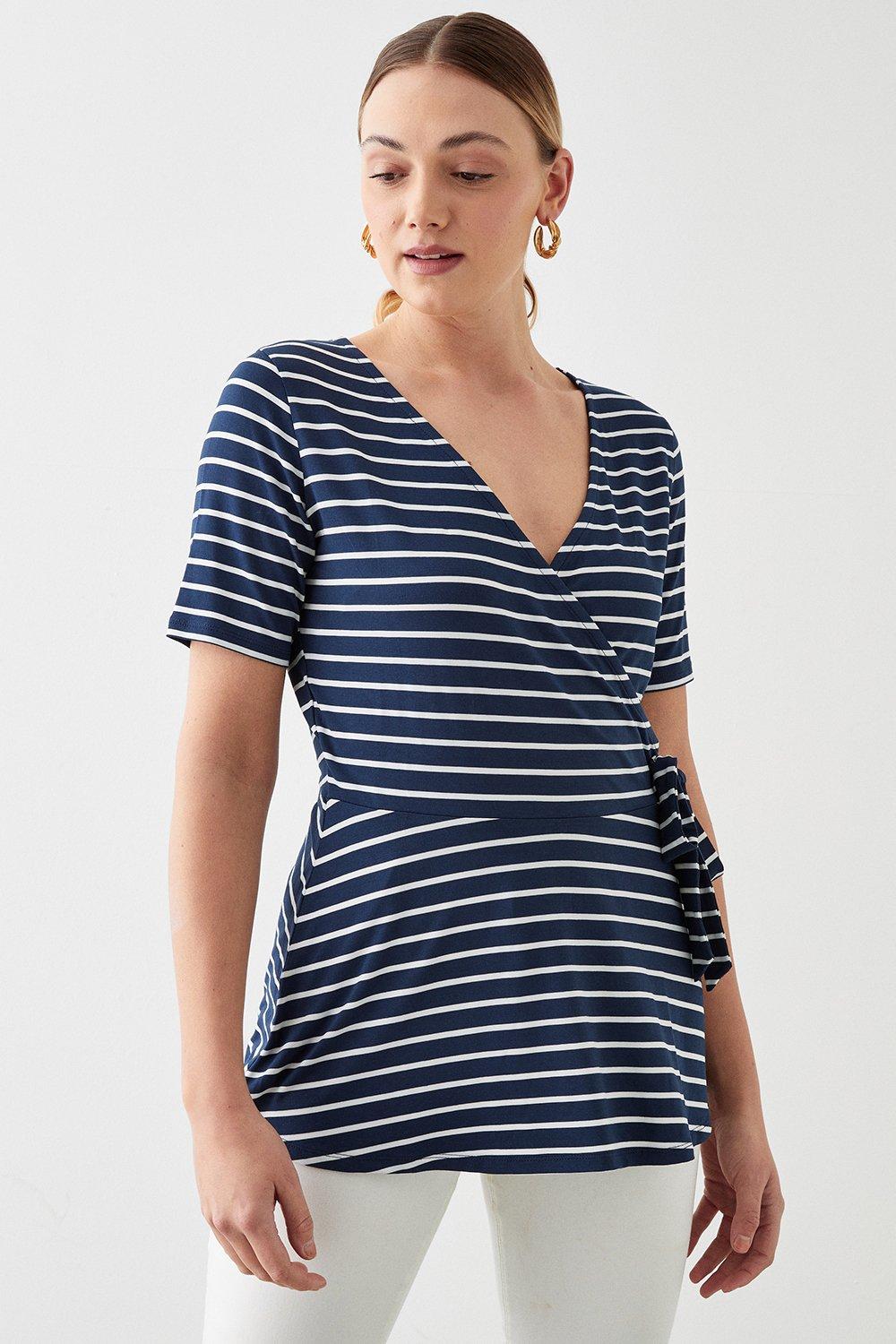 Women’s Tall Wrap Detail Short Sleeve Printed Top - stripe - L