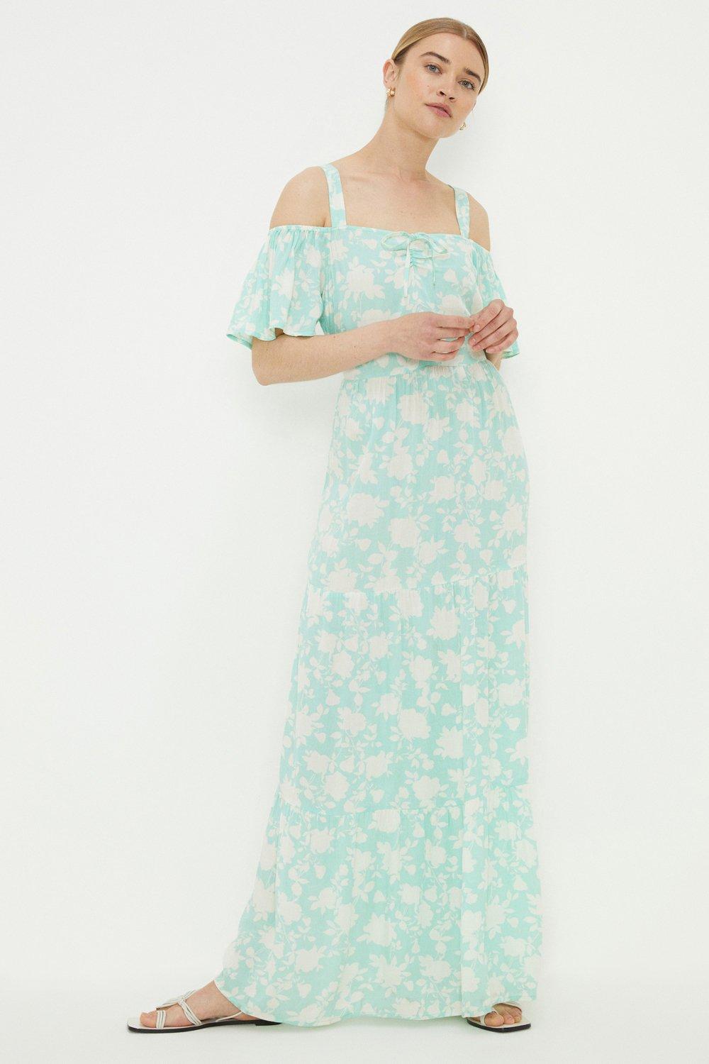 Women’s Aqua Floral Print Cold Shoulder Midi Dress - 18