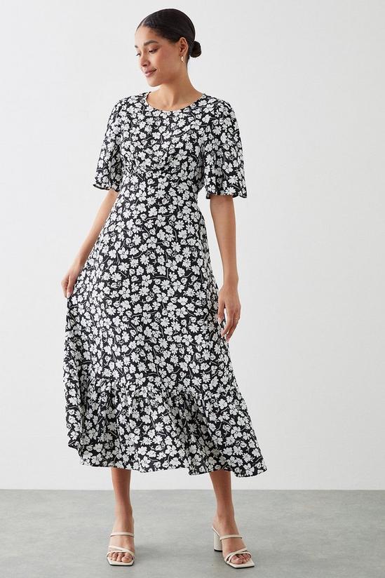 Dorothy Perkins Mono Floral Print Flutter Sleeve Midi Dress 1