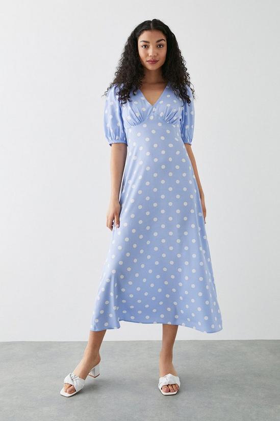 Dorothy Perkins Blue Spot Print Empire Puff Sleeve Midi Dress 1
