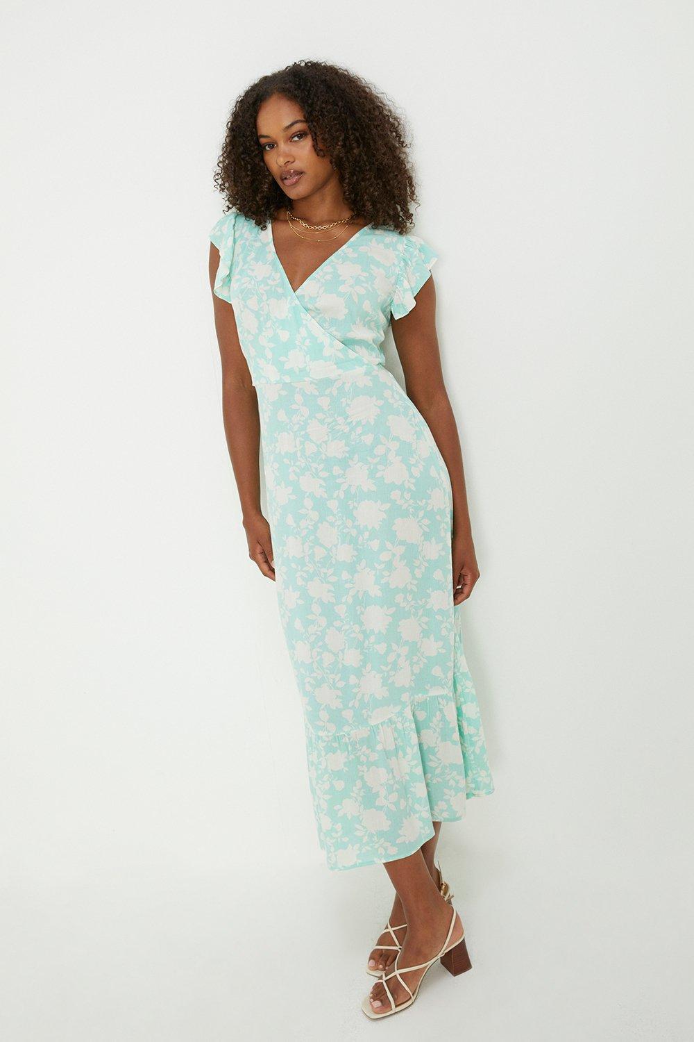 Dresses | Tall Aqua Floral Print Ruffle Midi Dress | Dorothy Perkins