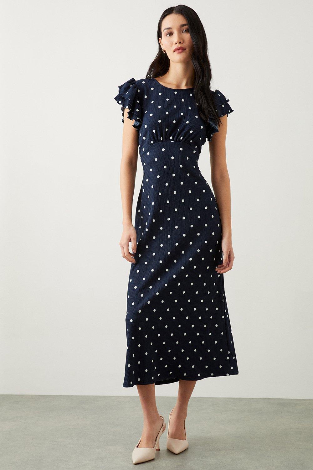 Womens Navy Spot Print Ruffle Sleeve Empire Midi Dress