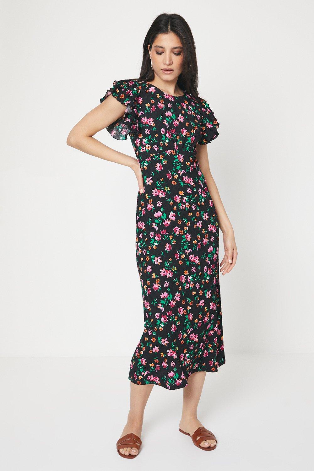 Women's Black Floral Print Ruffle Sleeve Empire Midi Dress - 8