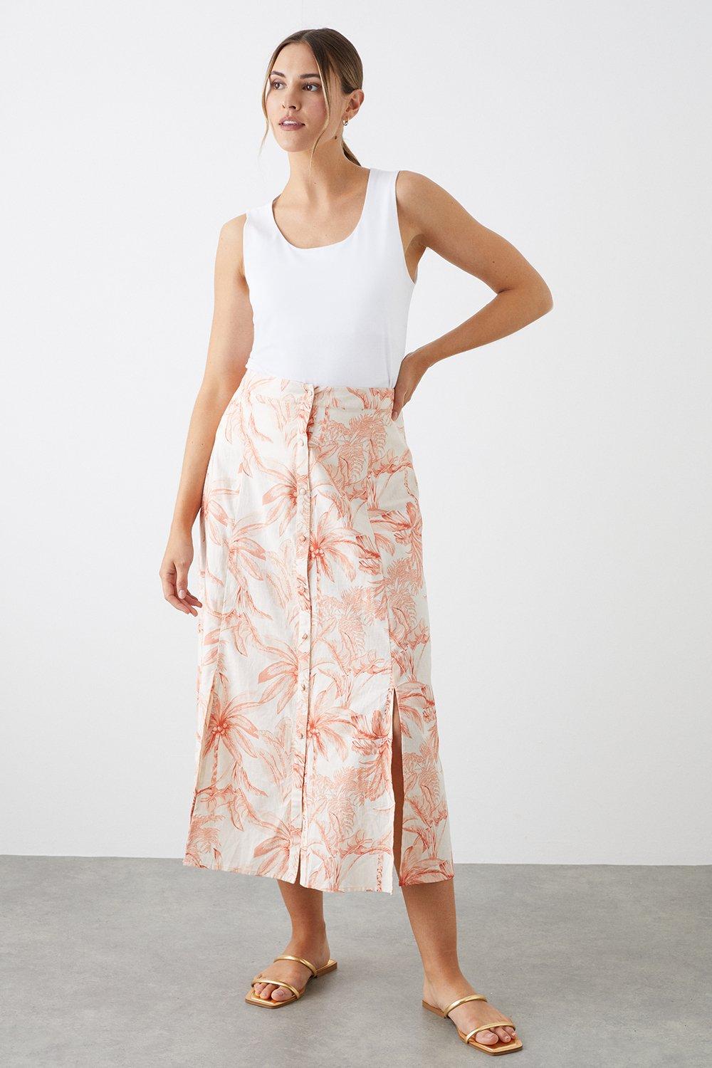 Women’s Palm Print Button Through Midi Skirt - pink - 16