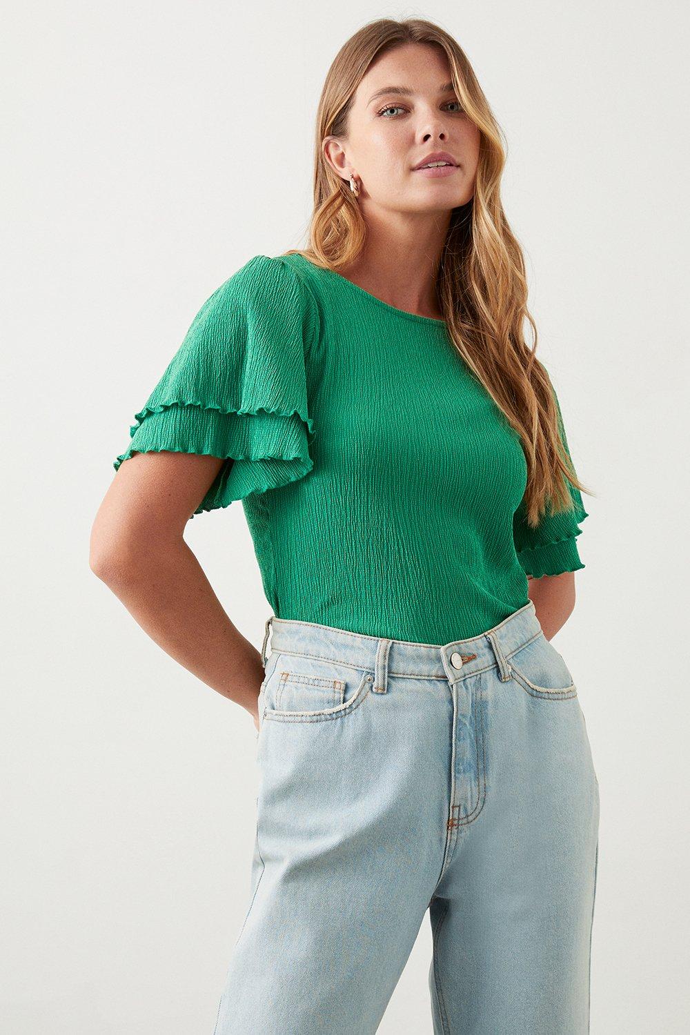 Women’s Double Frill Sleeve Top - green - M