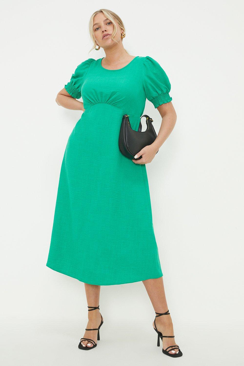Womens Curve Green Shirred Cuff Midi Dress