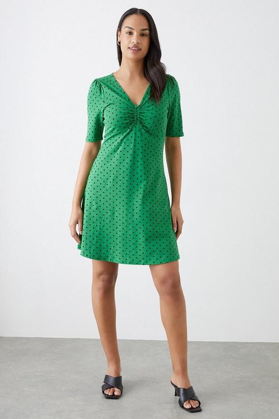 Dorothy Perkins Green Spot V Neck Ruched Mini Dress 1