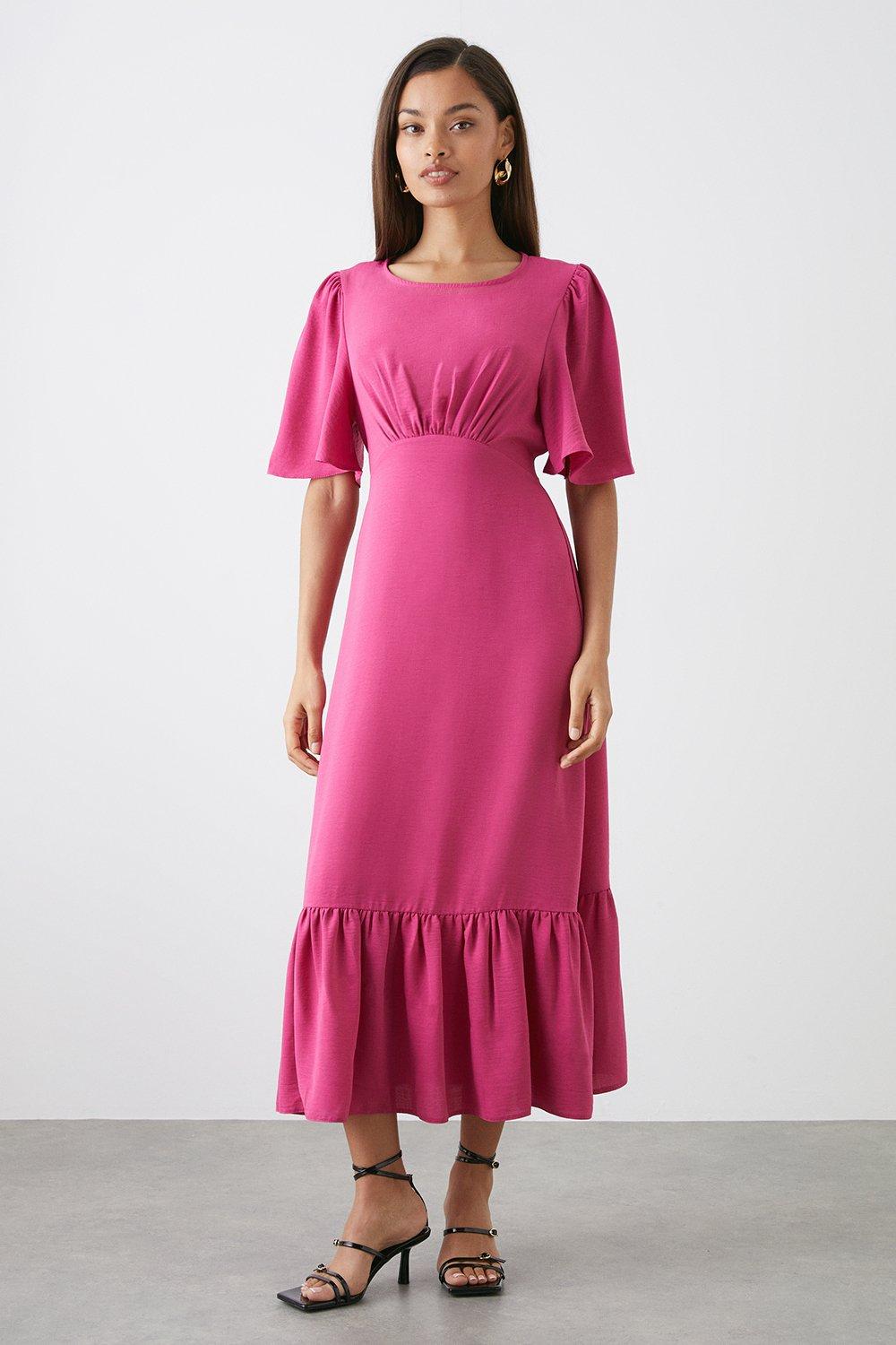 Womens Petite Pink Flutter Sleeve Midi Dress