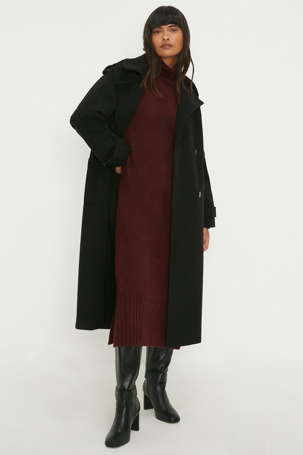 Women’s Belted Wool Look Trench Coat - black - XS