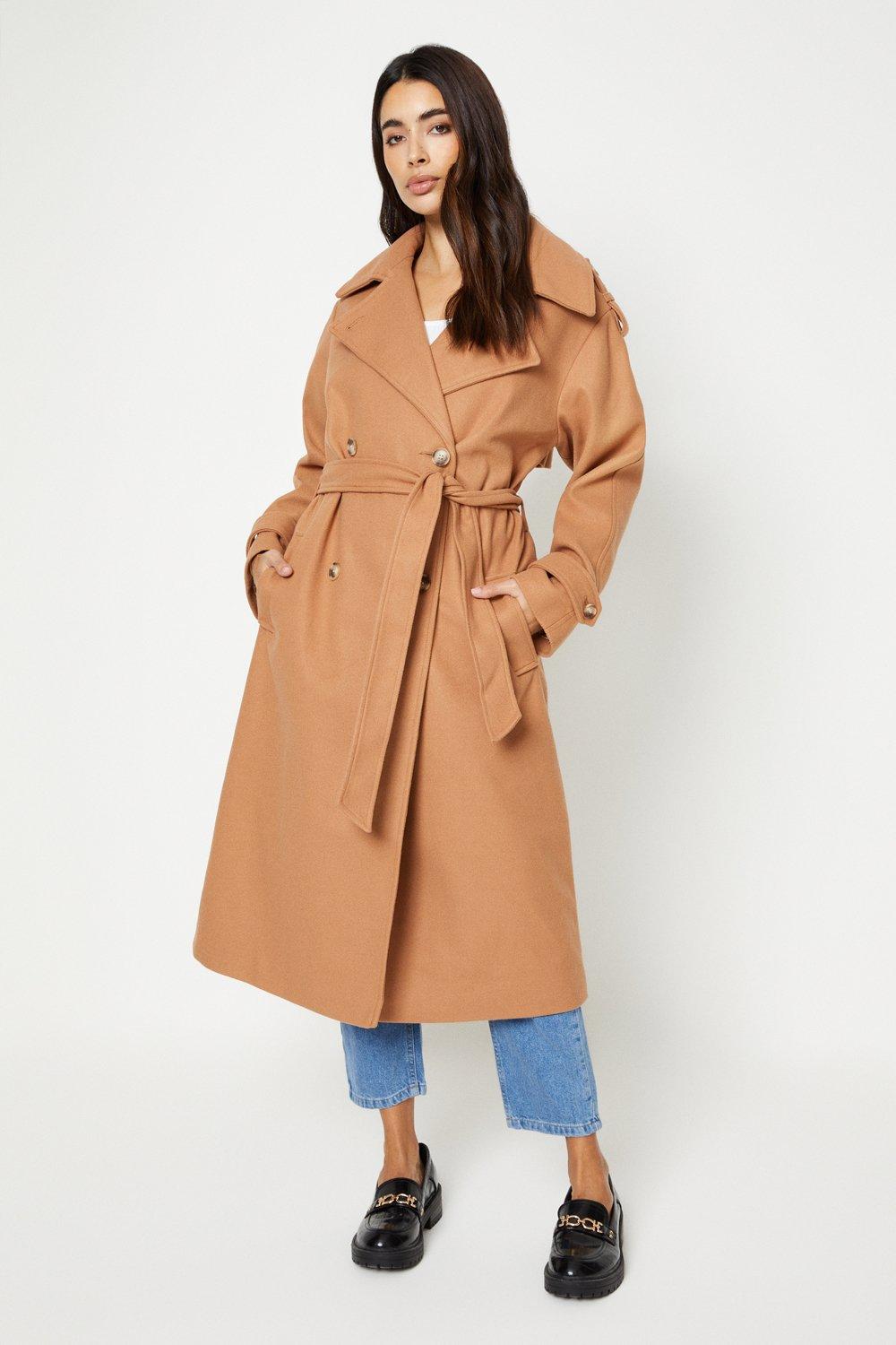 Women’s Belted Wool Look Trench Coat - camel - L