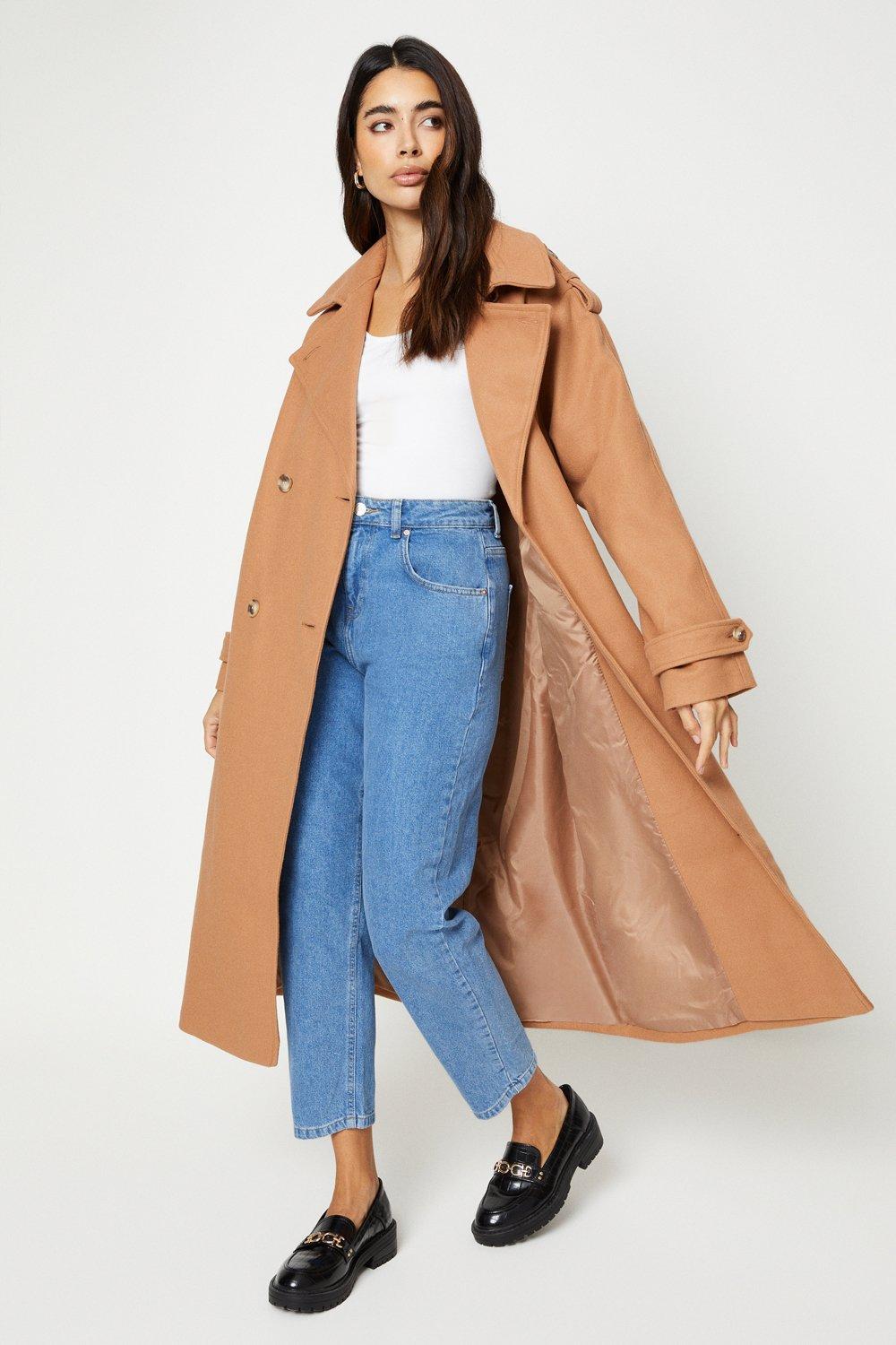 Belted wool look sales trench