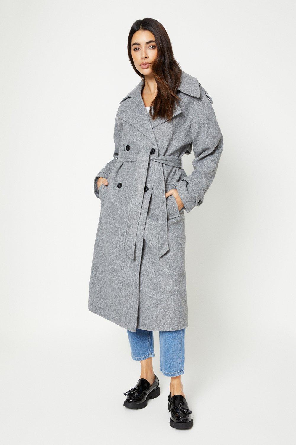 Womens Belted Wool Look Trench Coat