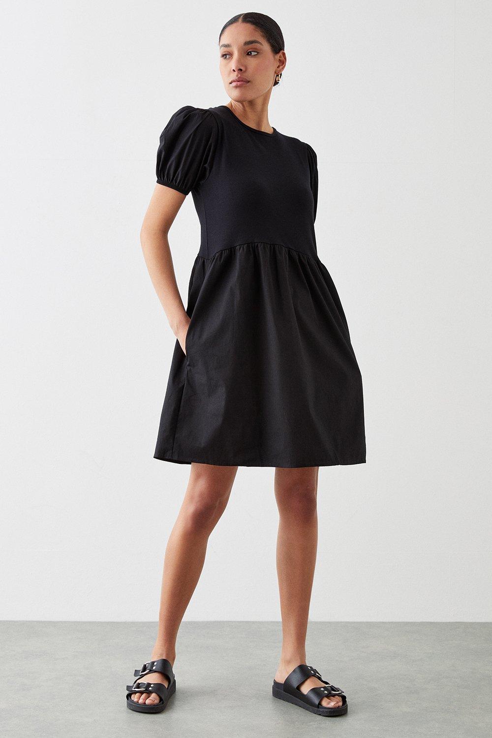 Women’s Poplin Jersey Mix Smock Mini Dress - black - 18