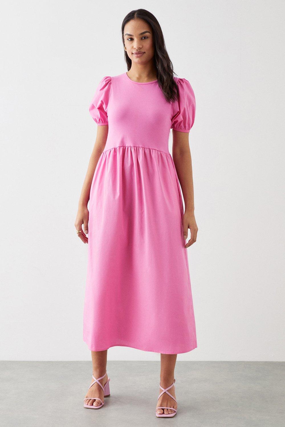 Women’s Poplin Jersey Mix Smock Midi Dress With Pockets - pink - 18
