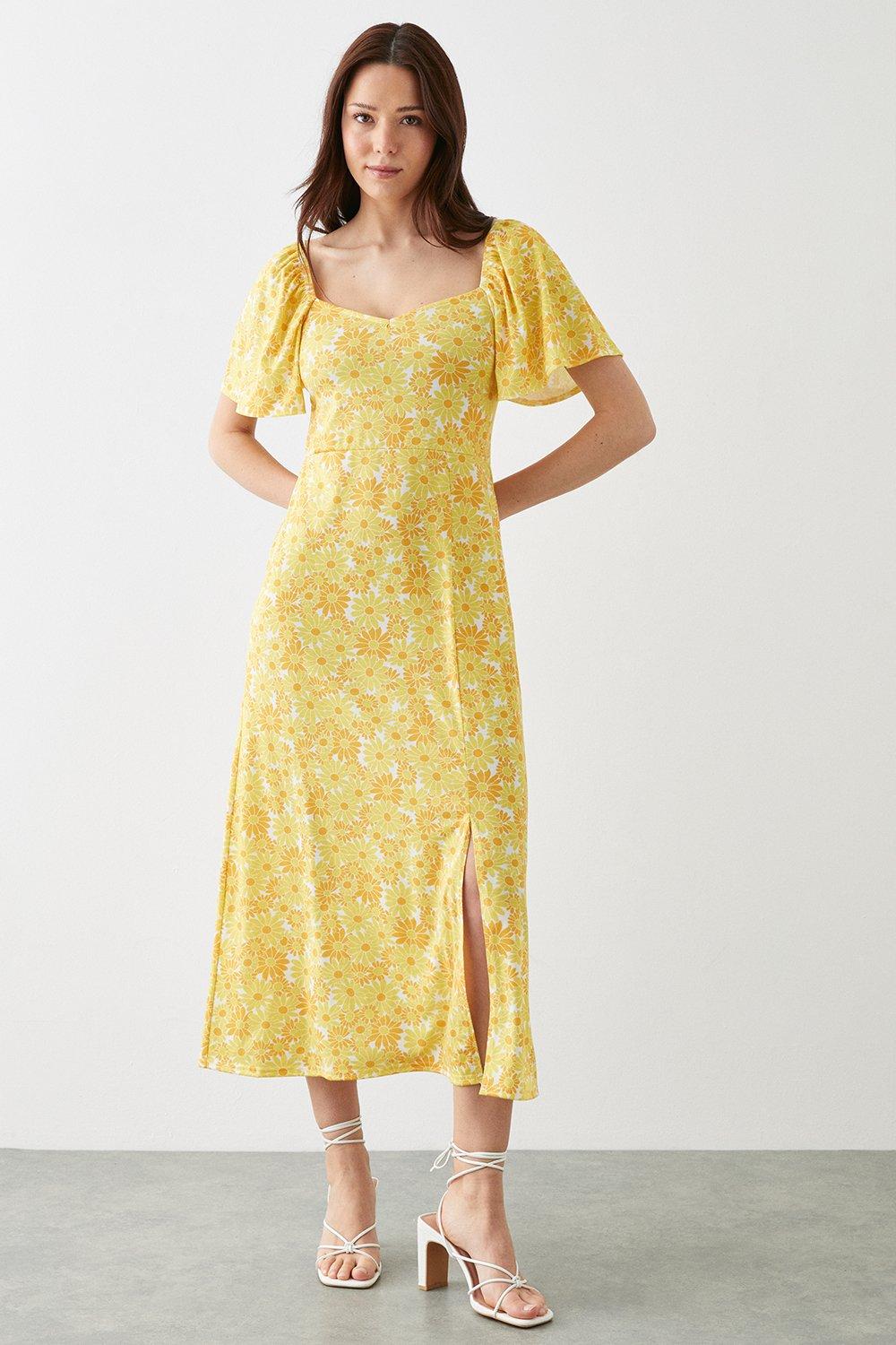Women's Yellow Daisy Flutter Sleeve Midi Dress - 14
