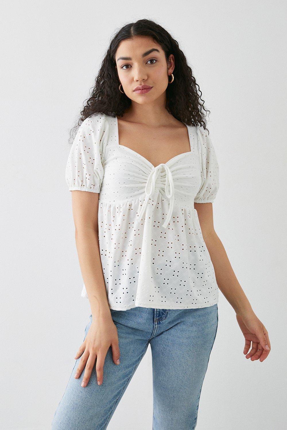 Women’s Tie Front Broderie Jersey Top - white - M