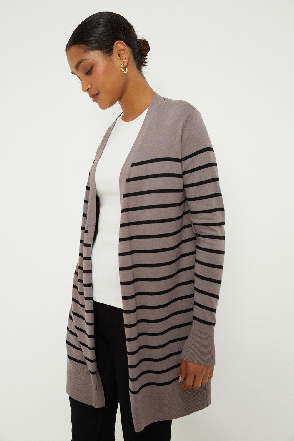 Women’s Stripe Longline Button Cuff Cardigan - taupe - M