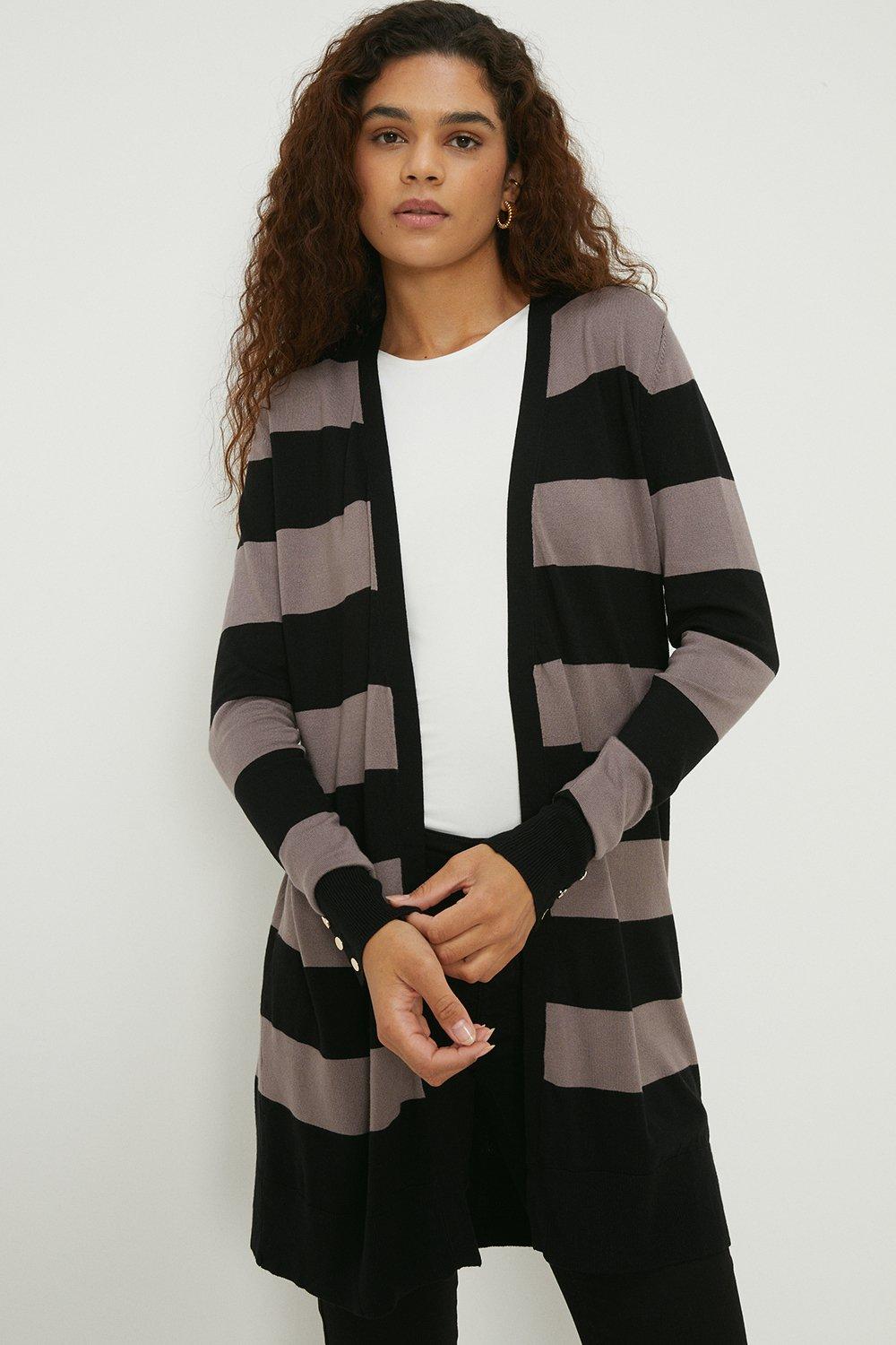 Women’s Tall Stripe Longline Button Cuff Cardigan - black - L