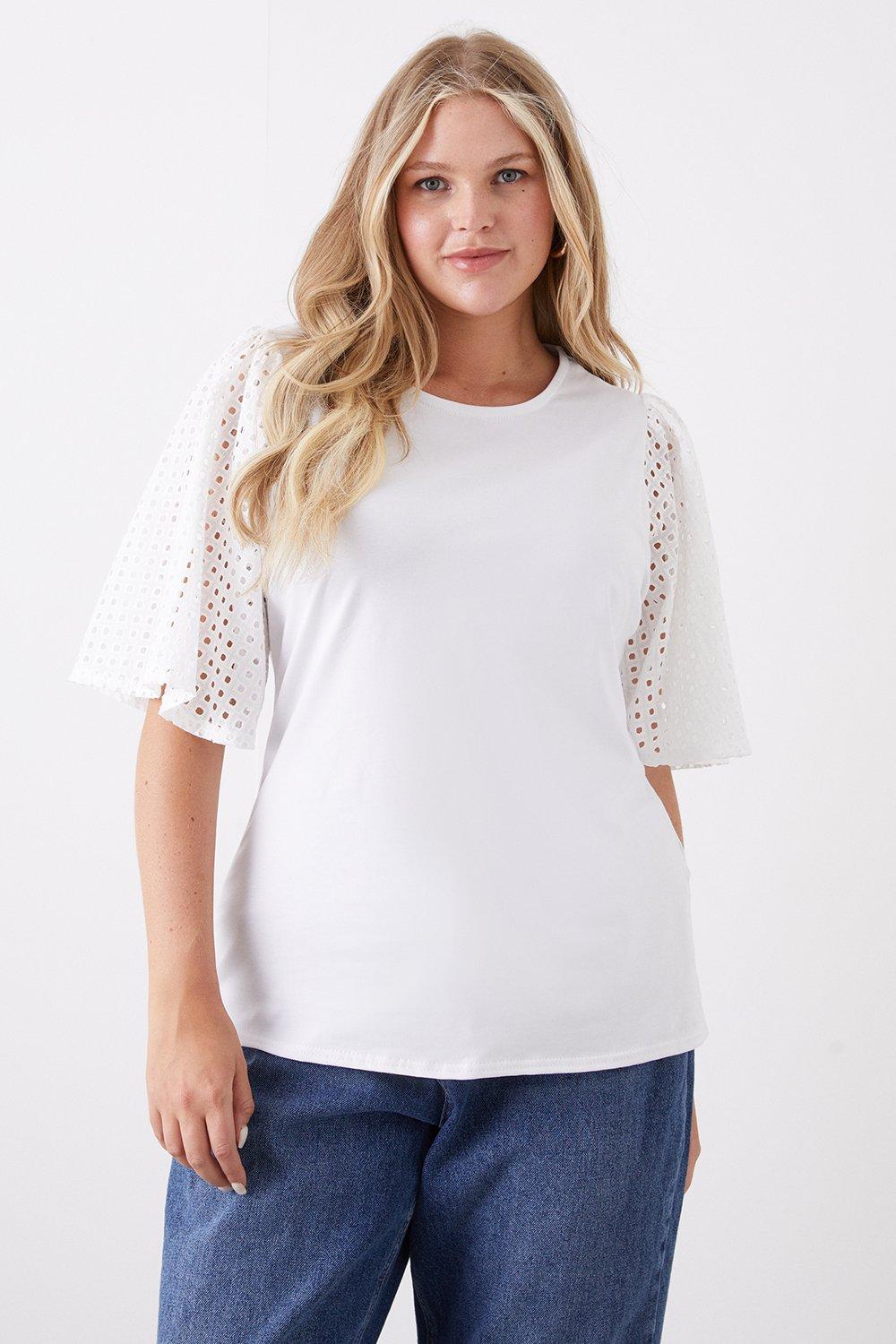 Tops | Curve White Broderie Sleeve T-shirt | Dorothy Perkins