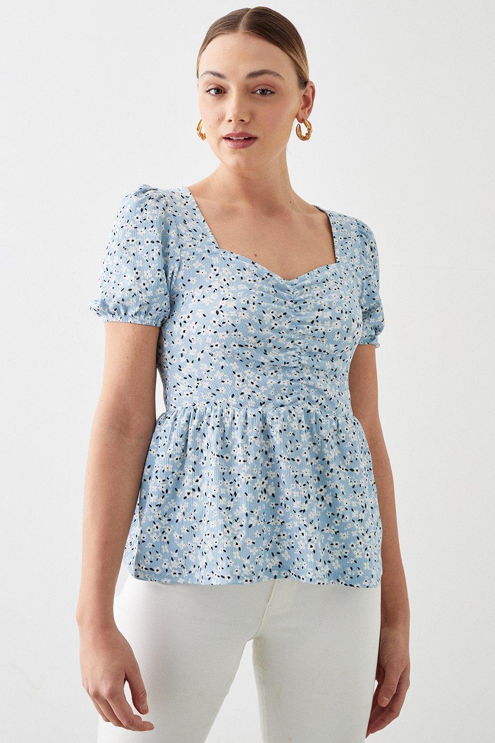Women’s Ditsy Printed Sweetheart Ruched Top - blue - S