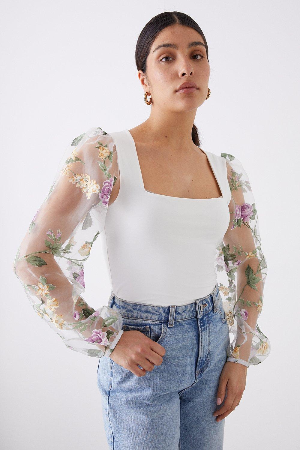 Womens Organza Floral Sleeve Square Neck Top