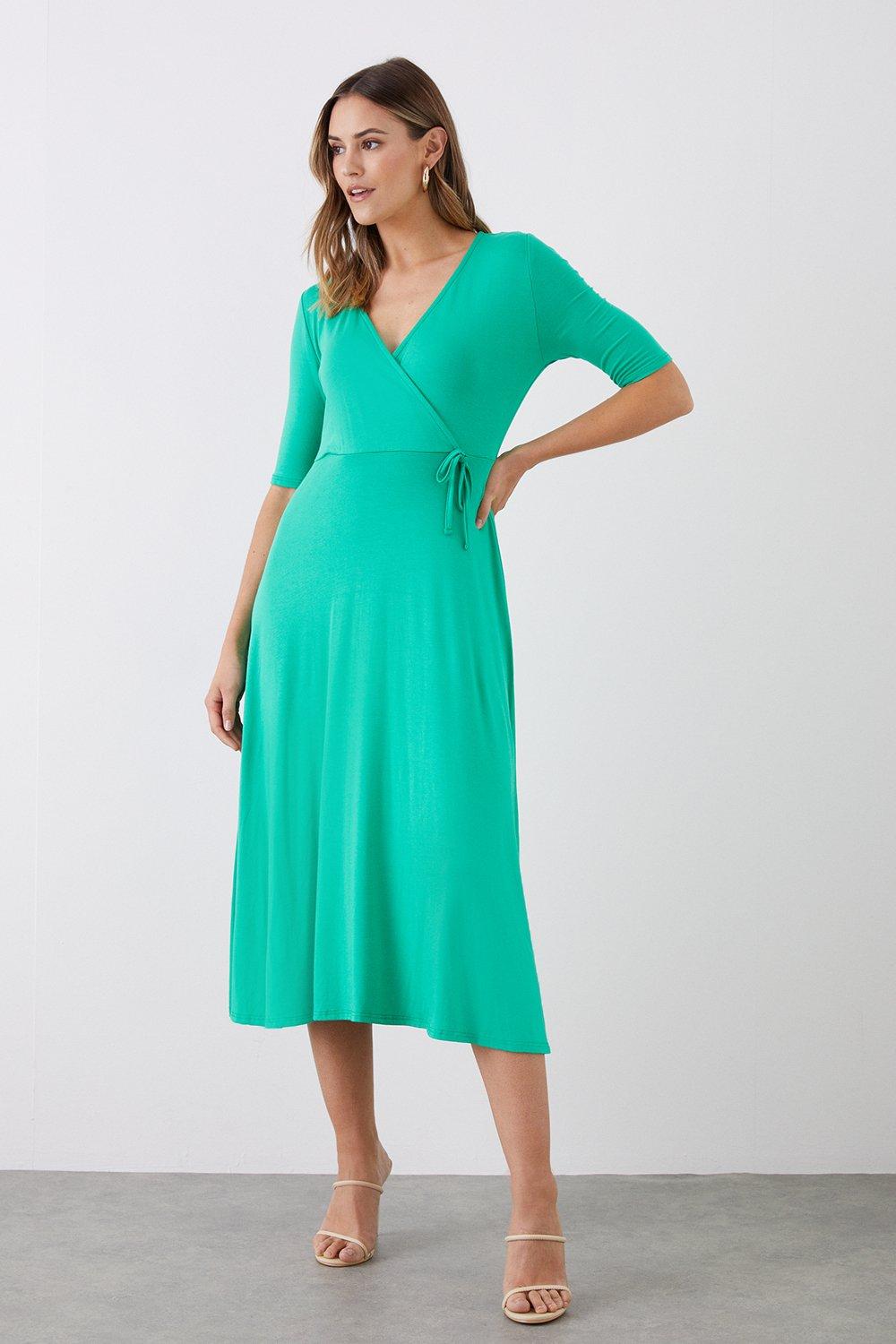 Women’s Green Wrap Short Sleeve Midi Dress - 18