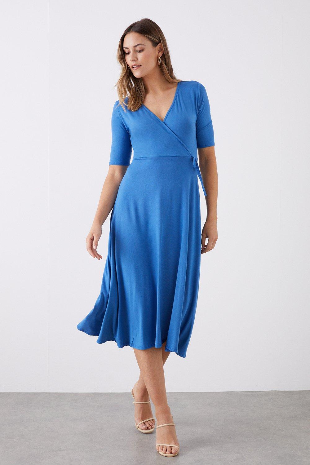 Women’s Blue Wrap Short Sleeve Midi Dress - 18