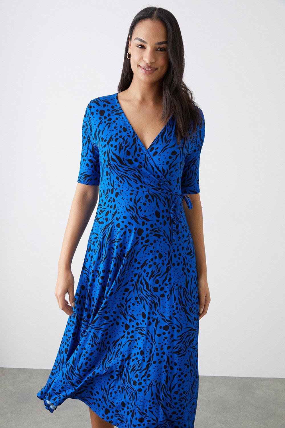 Women’s Blue Printed Short Sleeve Wrap Dress - 10