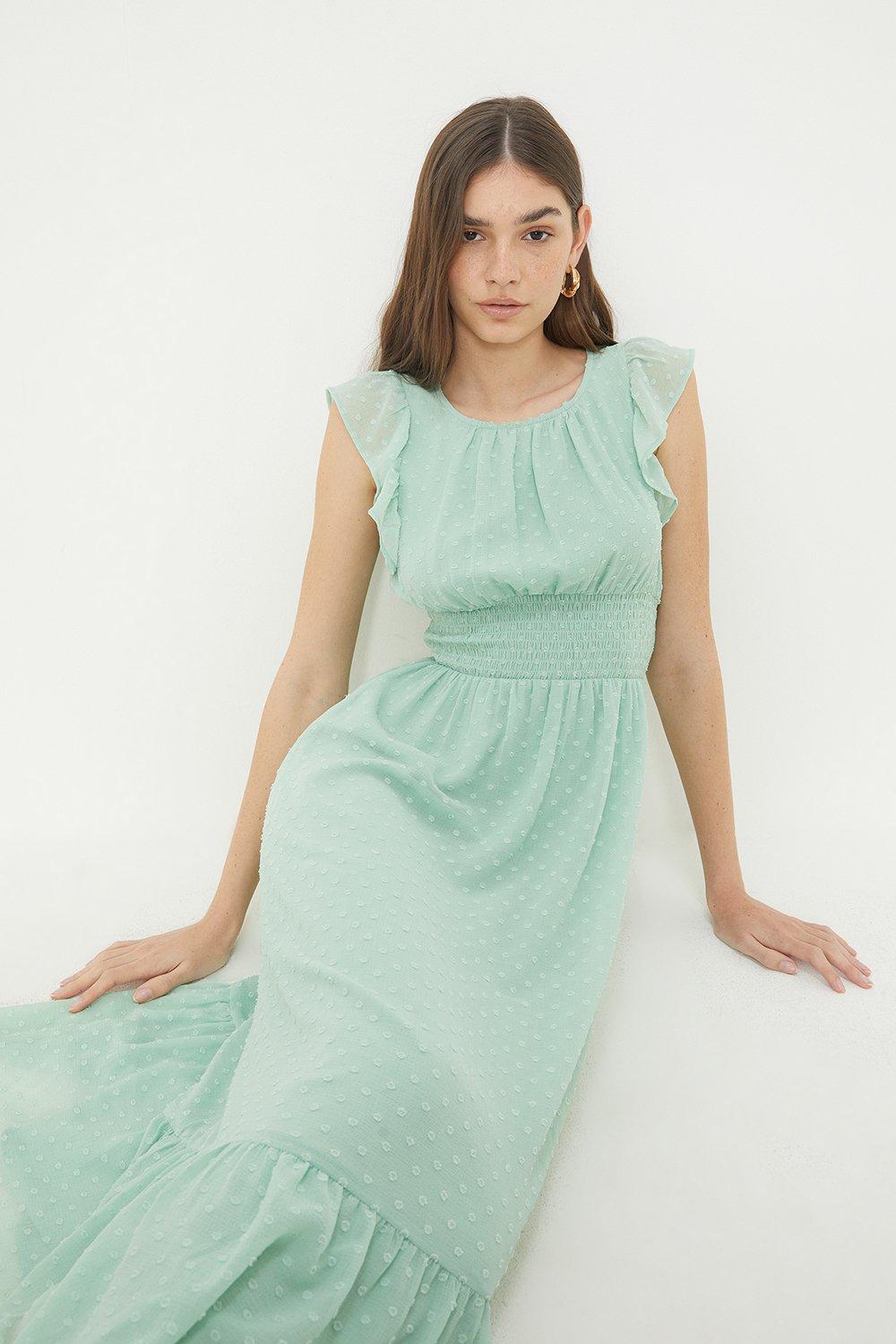 Women’s Petite Mint Chiffon Shirred Waist Midi Dress - 10
