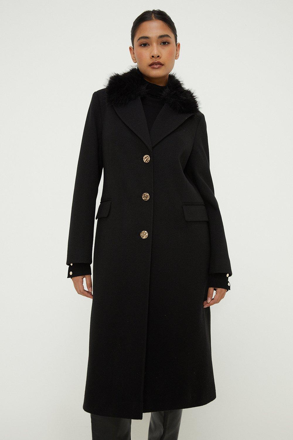 Women's Petite Faux Fur Single Breasted Coat - black - XS