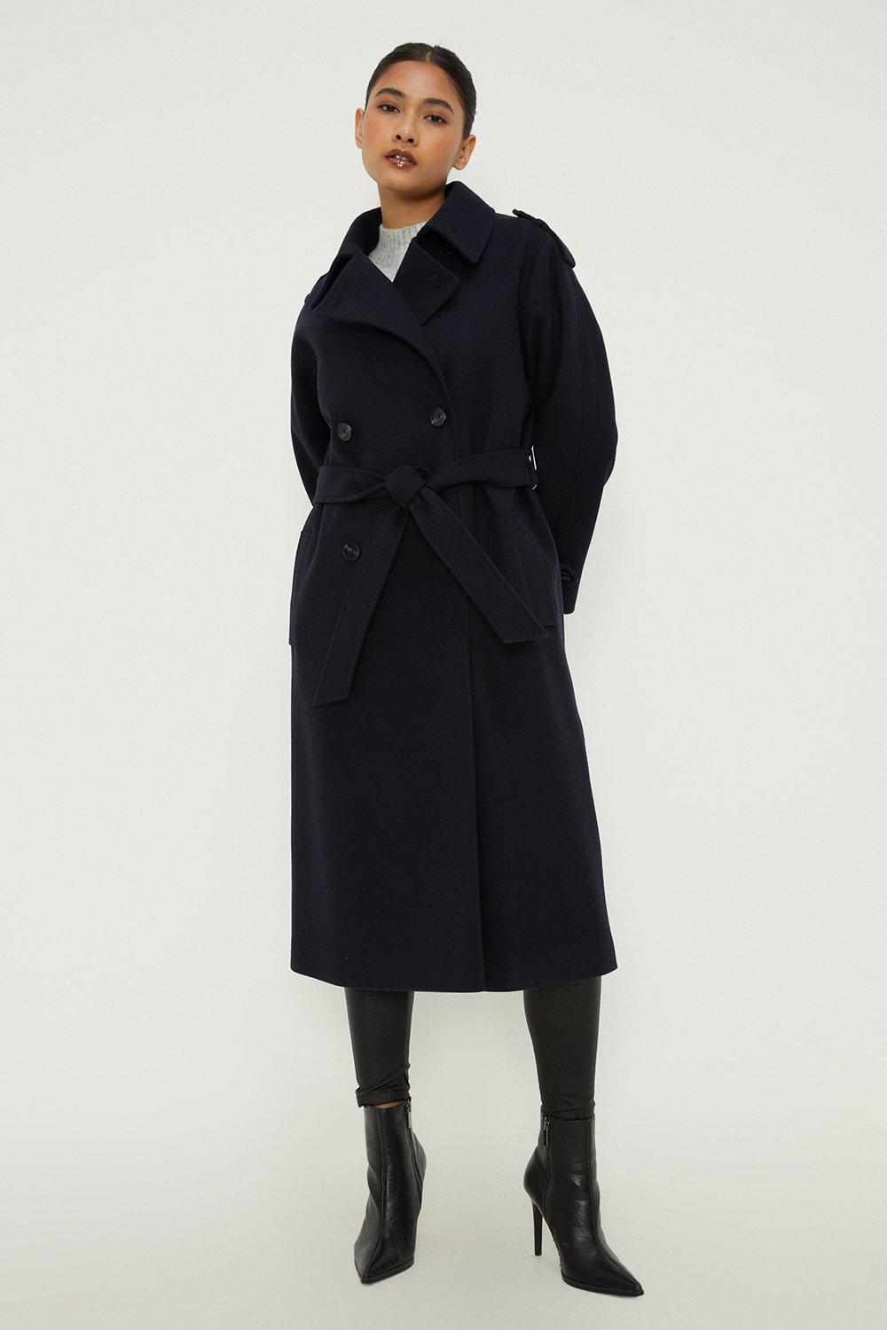 Women's Petite Belted Wool Trench Coat - navy - XS