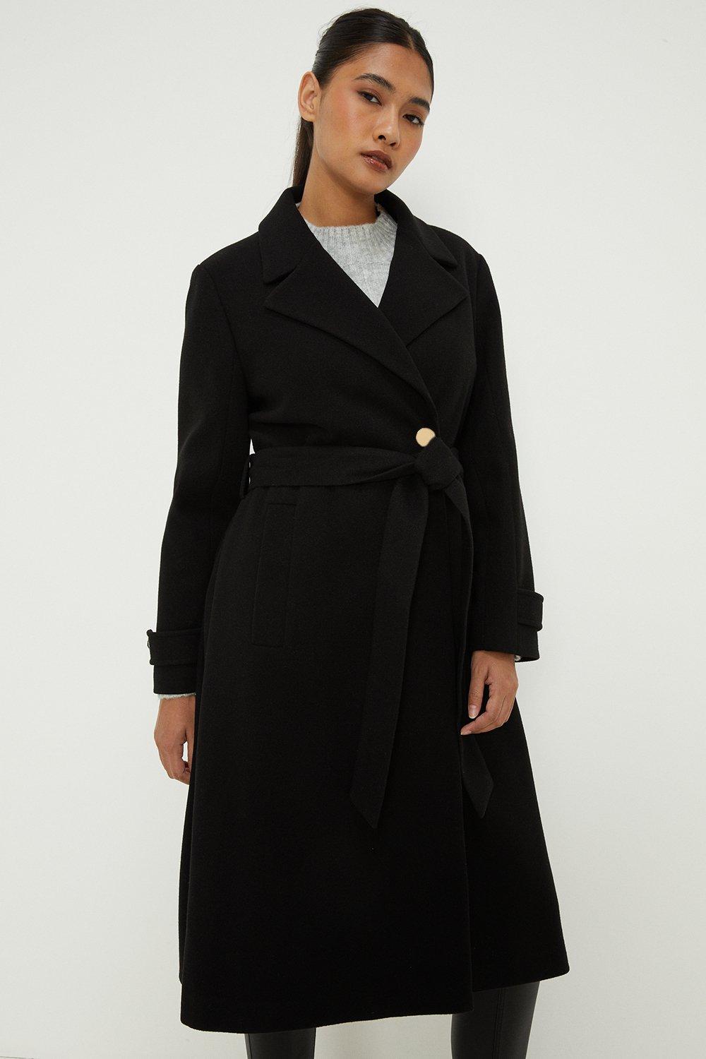 Womens Petite Longline Belted Coat