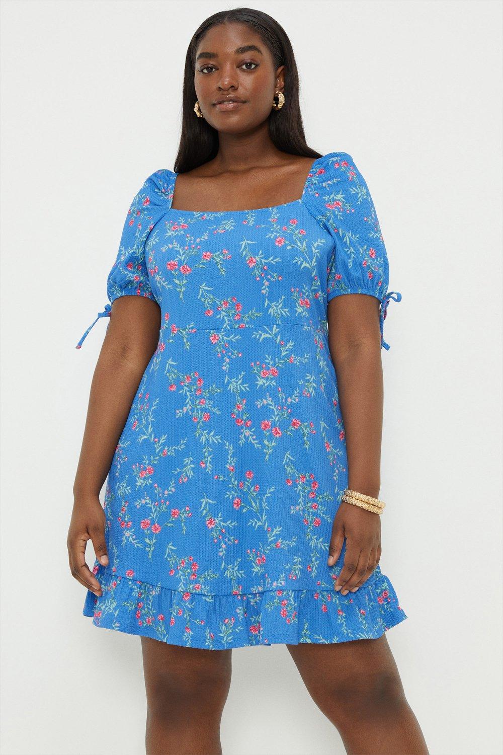 Women’s Curve Blue Ditsy Floral Square Neck Mini Dress - 26