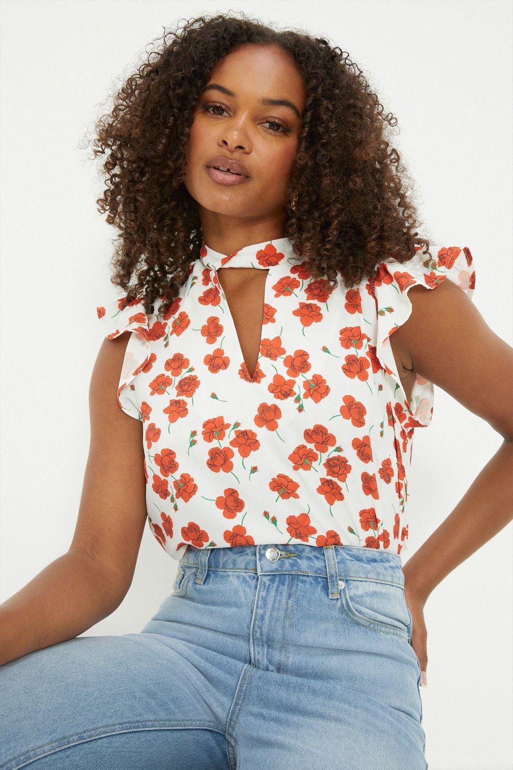 Womens Tall Red Floral Twist Neck Sleeveless Blouse