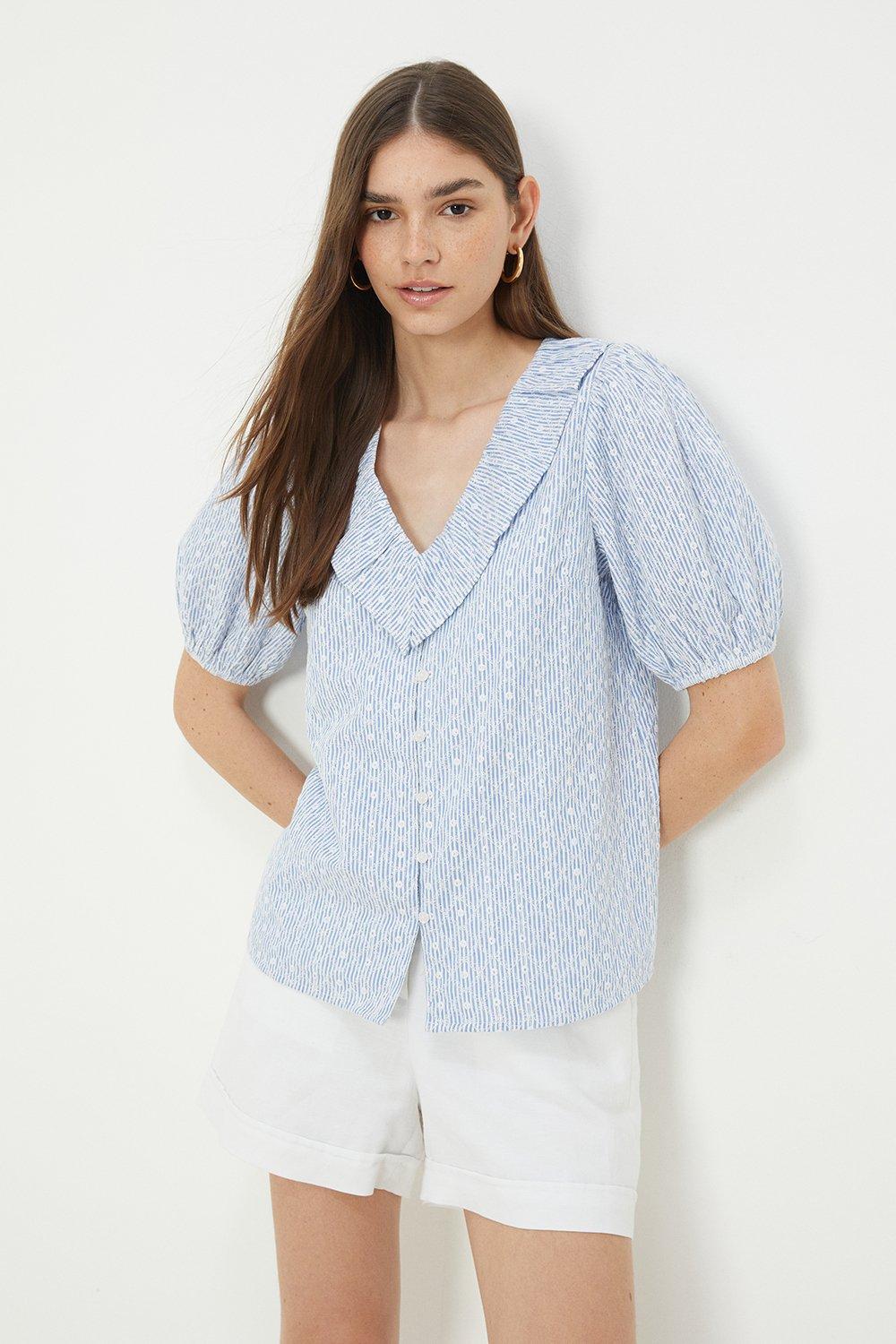 Womens Blue Stripe Embroidered Ruffle Neck Top