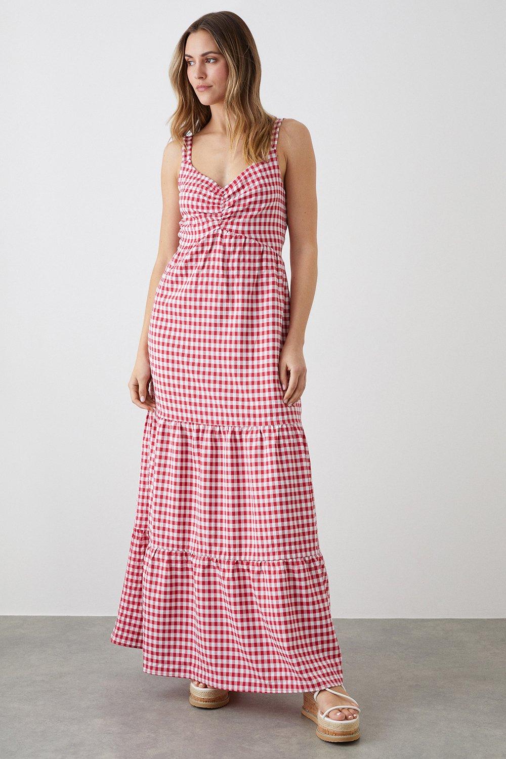 Tiered gingham hot sale maxi dress