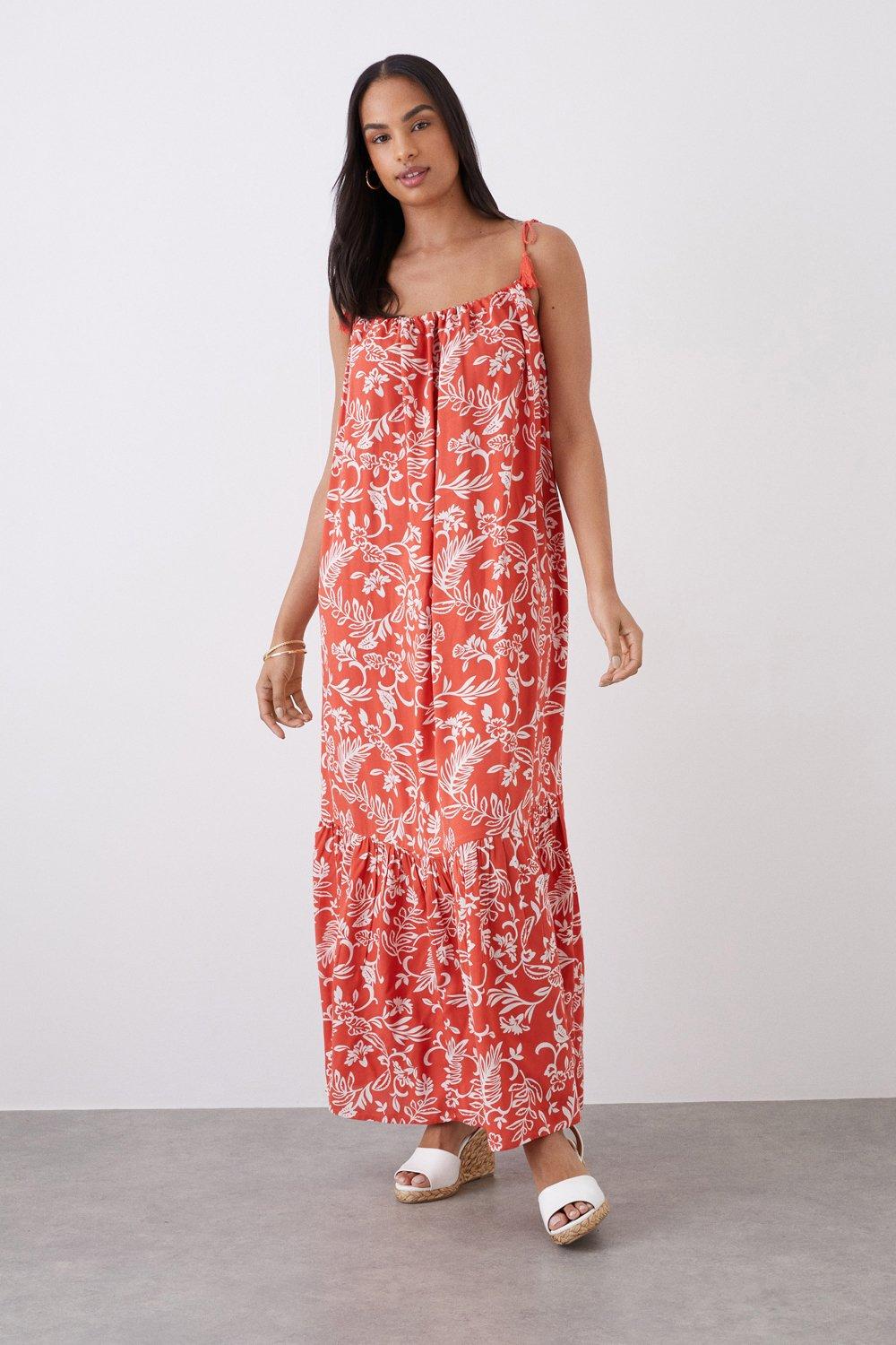 Women’s Maxi Tassel Detail Printed Beach Dress - orange - M