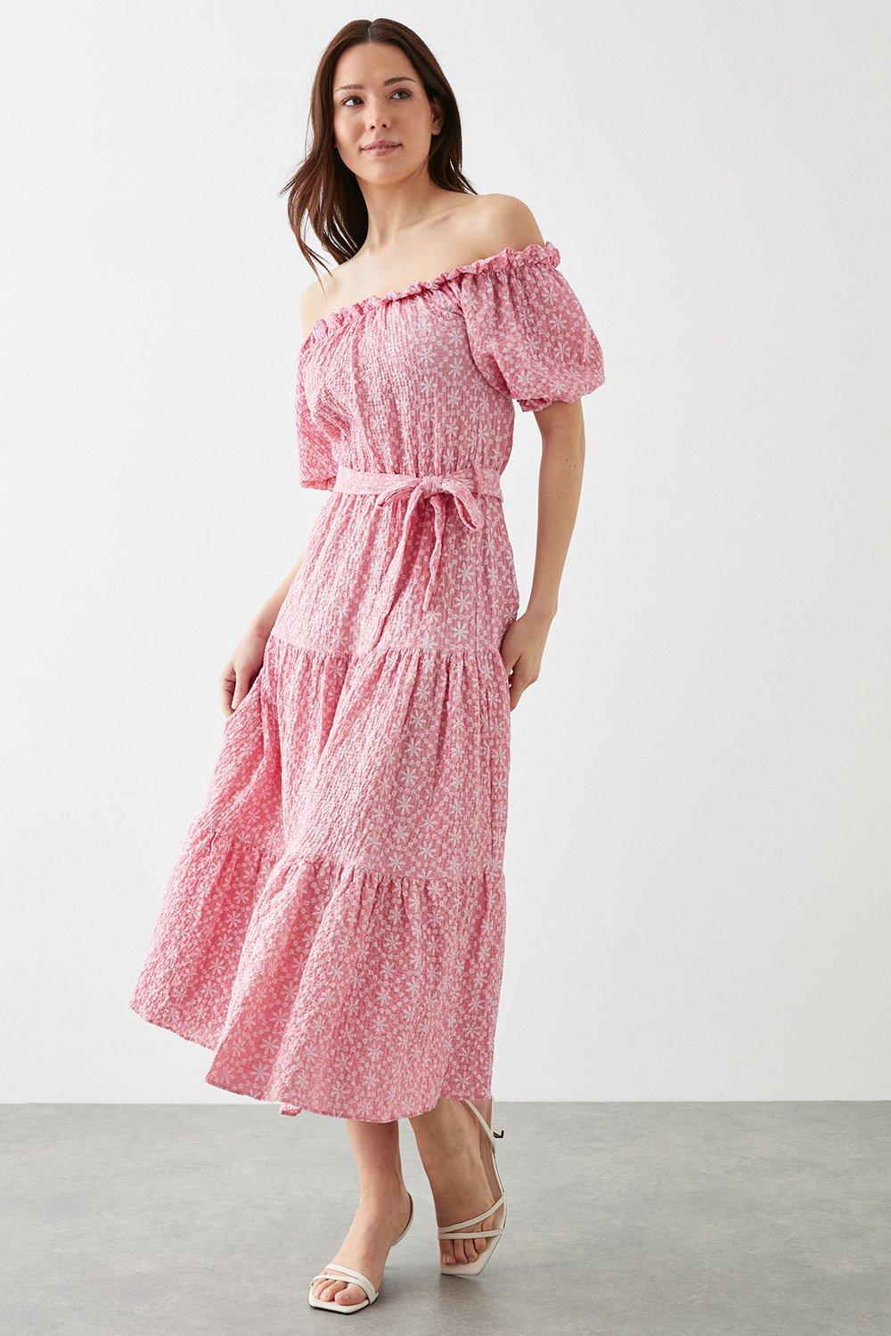 Women’s Tiered Bardot Midi Dress - pink - L