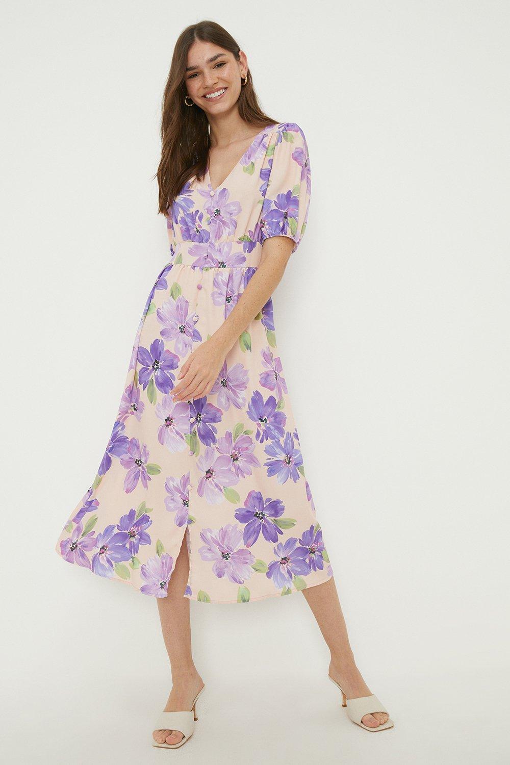 Women’s Purple Floral Print Puff Sleeve Midi Dress - 12