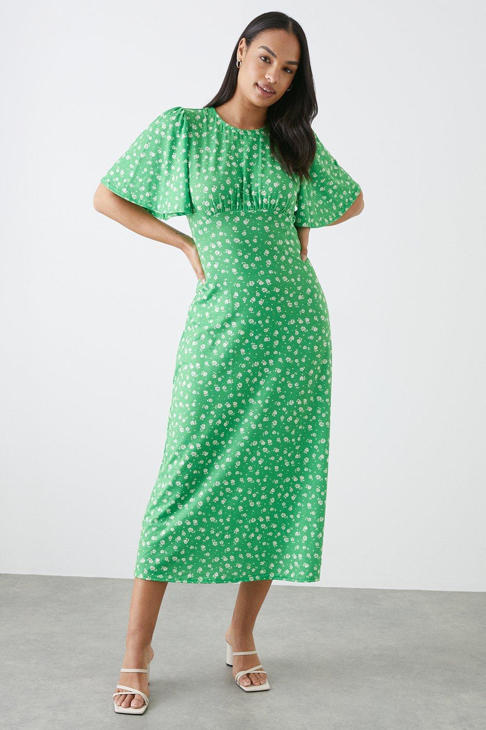 Women’s Green Ditsy Flutter Sleeve Midi Dress - 16