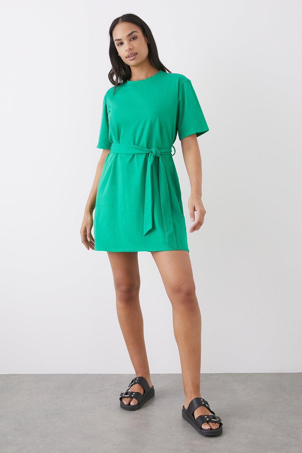Womens Green Belted T-shirt Mini Dress