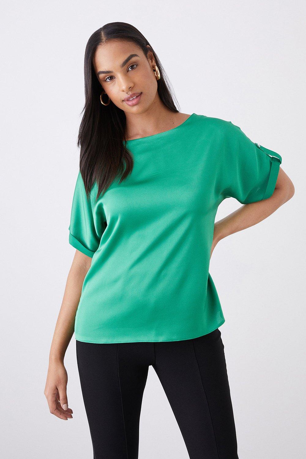 Women’s Satin Roll Sleeve Blouse - green - 12