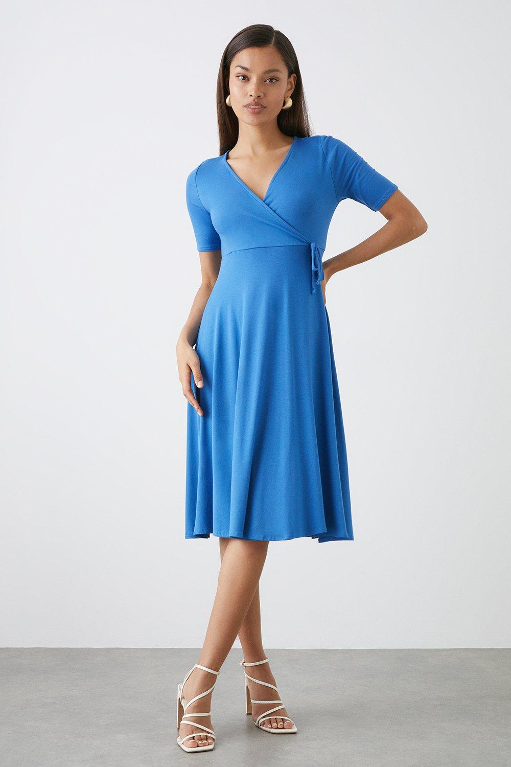 Women’s Petite Short Sleeve Jersey Wrap Dress - cobalt - 8