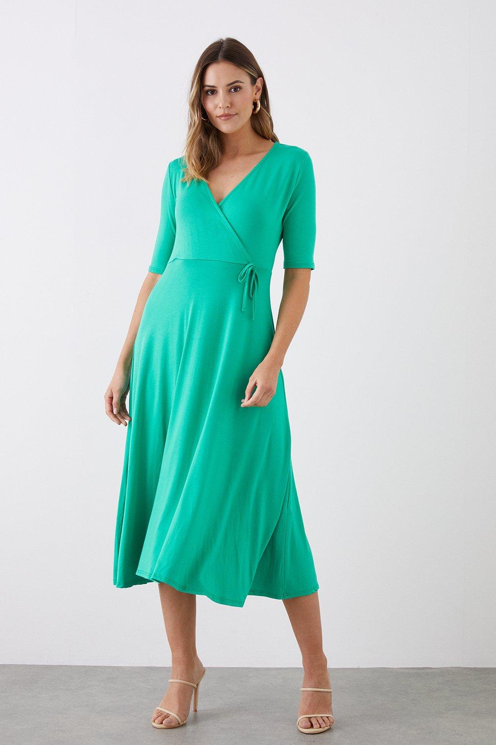 Women’s Tall Green Short Sleeve Jersey Wrap Dress - 14